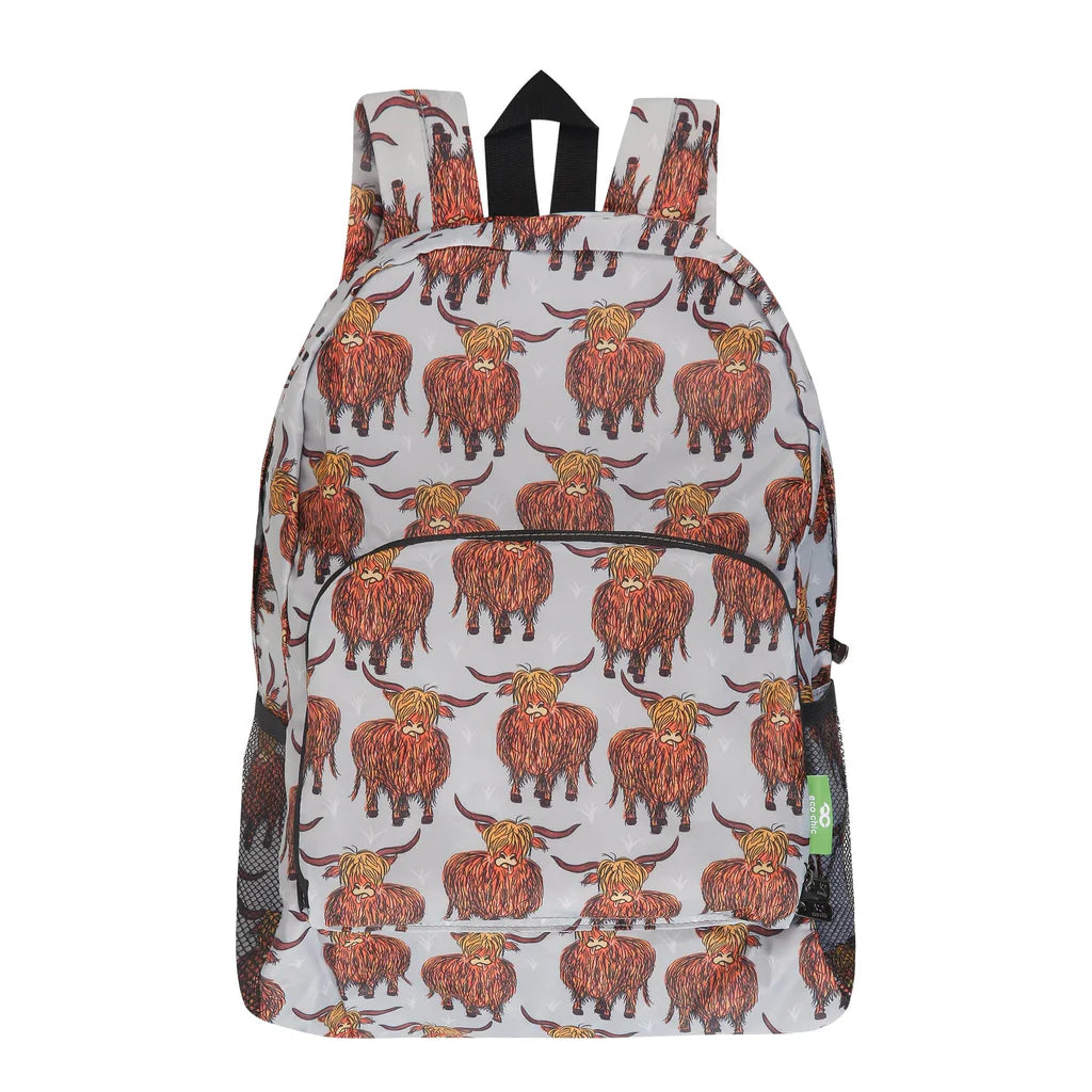 Eco Chic Lightweight Foldable Grey Highland Cow Backpack