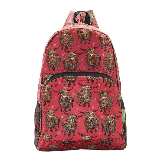 Eco Chic Lightweight Foldable Backpack Highland Cow Red