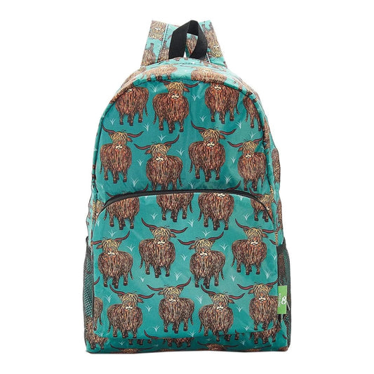Eco Chic Lightweight Foldable Backpack Highland Cow Teal