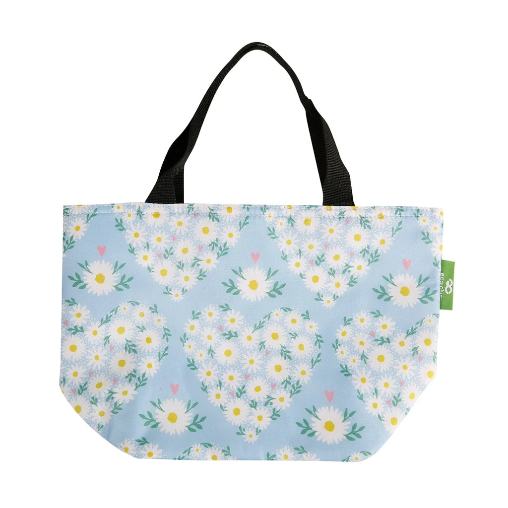 Eco Chic Lightweight Foldable Lunch Bag Blue Daisy Hearts