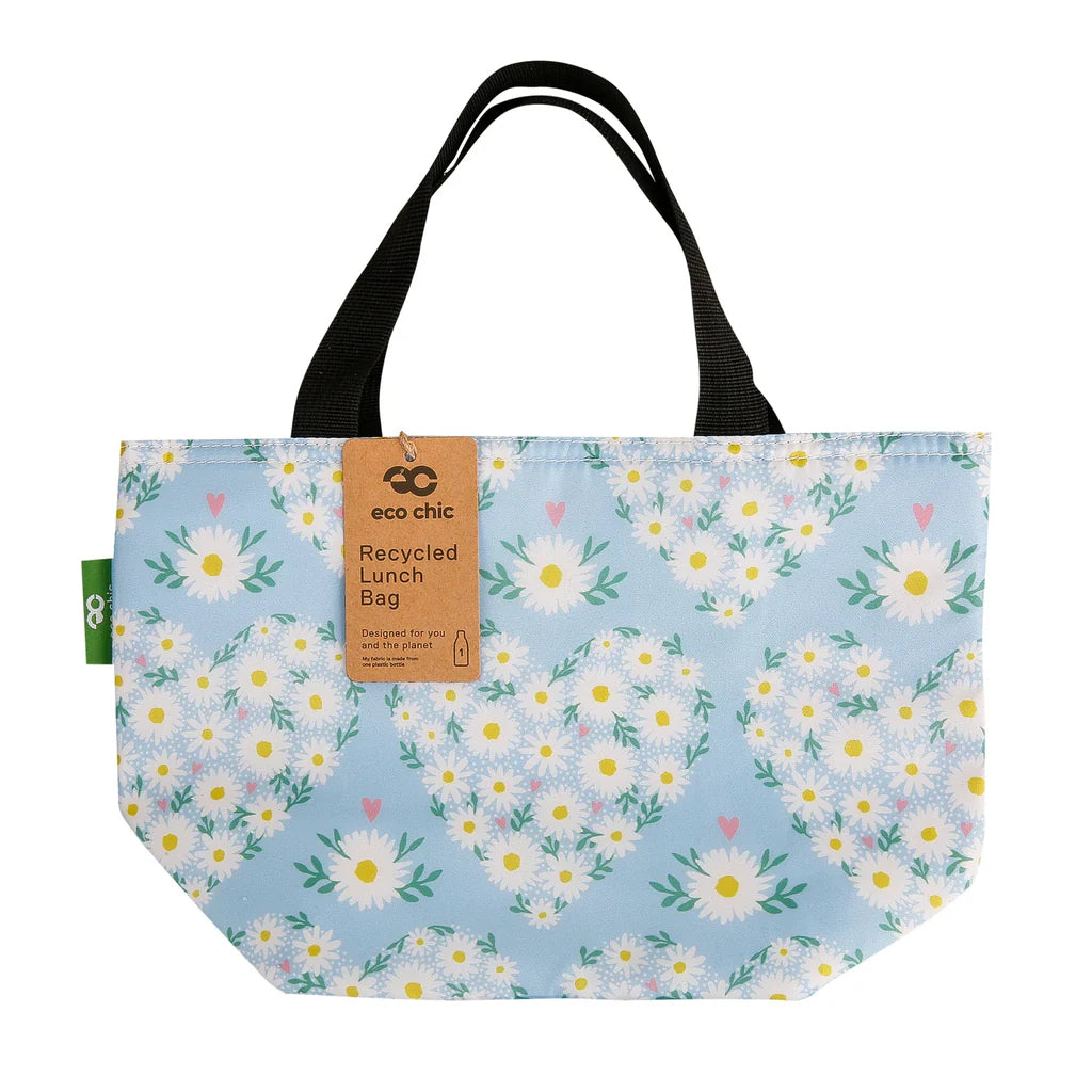 Eco Chic Lightweight Foldable Lunch Bag Blue Daisy Hearts