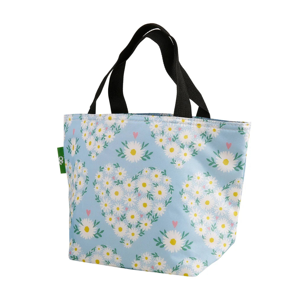 Eco Chic Lightweight Foldable Lunch Bag Blue Daisy Hearts