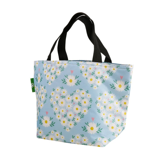 Eco Chic Lightweight Foldable Lunch Bag Blue Daisy Hearts