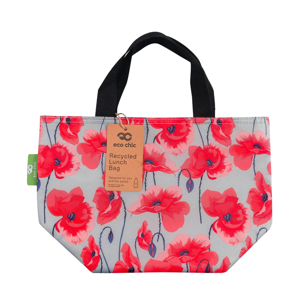 Eco Chic Lightweight Foldable Lunch Bag Grey Poppies