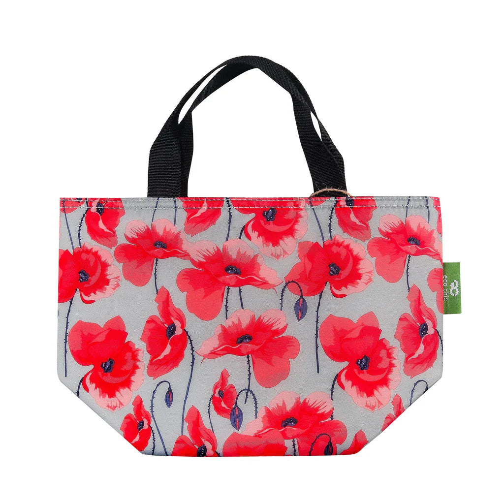 Eco Chic Lightweight Foldable Lunch Bag Grey Poppies