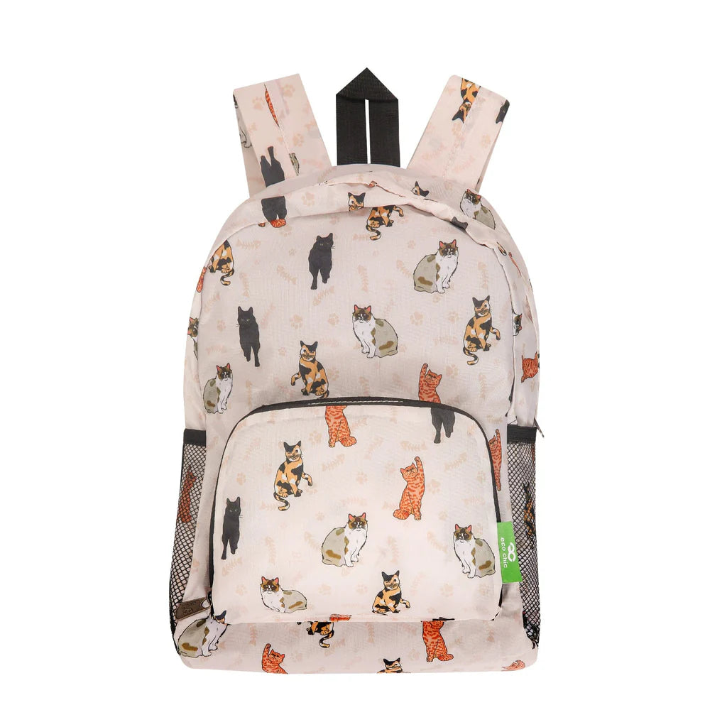 Eco Chic Lightweight Foldable Mini Backpack Beige Beloved Cat
