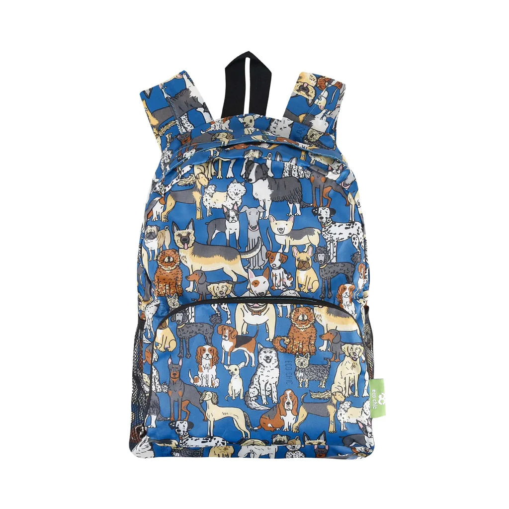 Eco Chic Lightweight Foldable Mini Backpack Blue Dogs