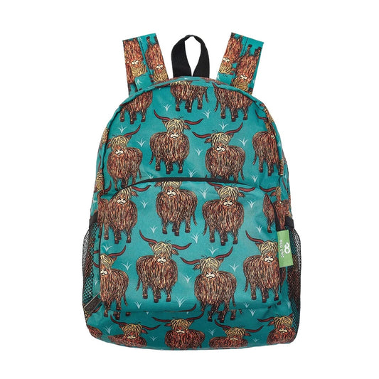 Eco Chic Lightweight Foldable Mini Backpack Highland Cow Teal
