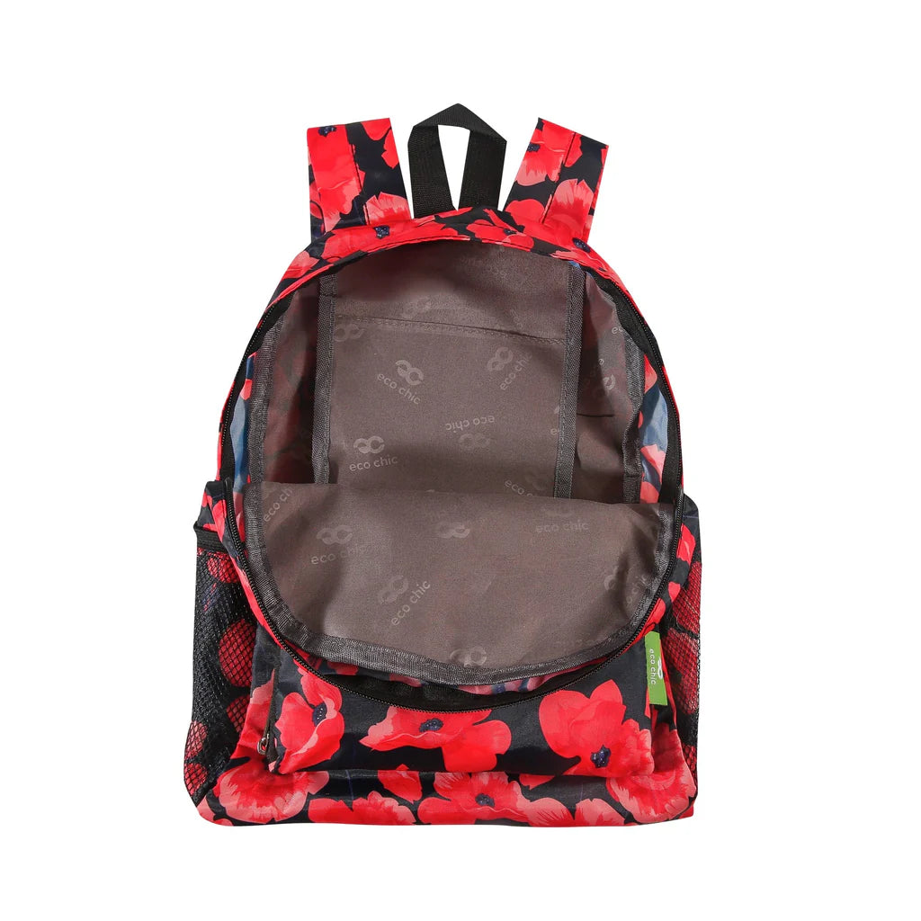 Eco Chic Lightweight Foldable Mini Backpack Navy Poppies