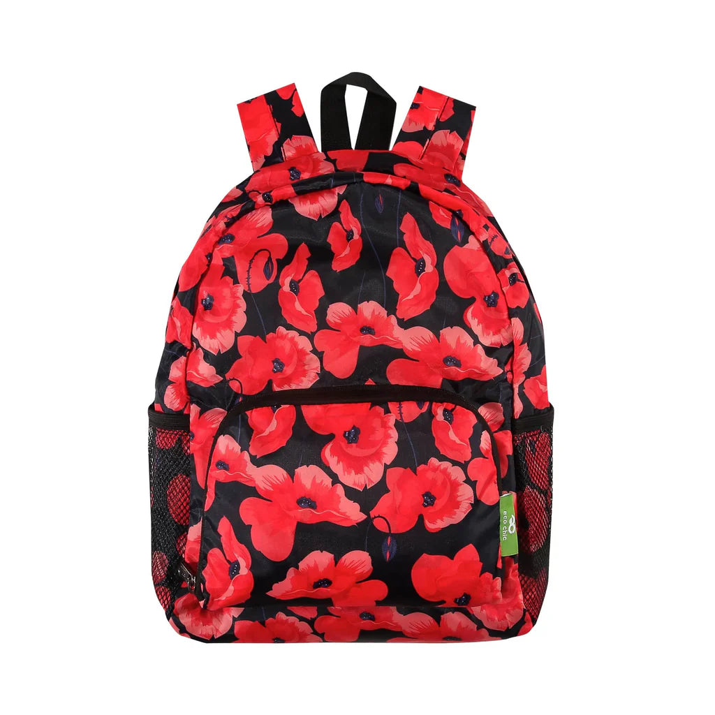 Eco Chic Lightweight Foldable Mini Backpack Navy Poppies