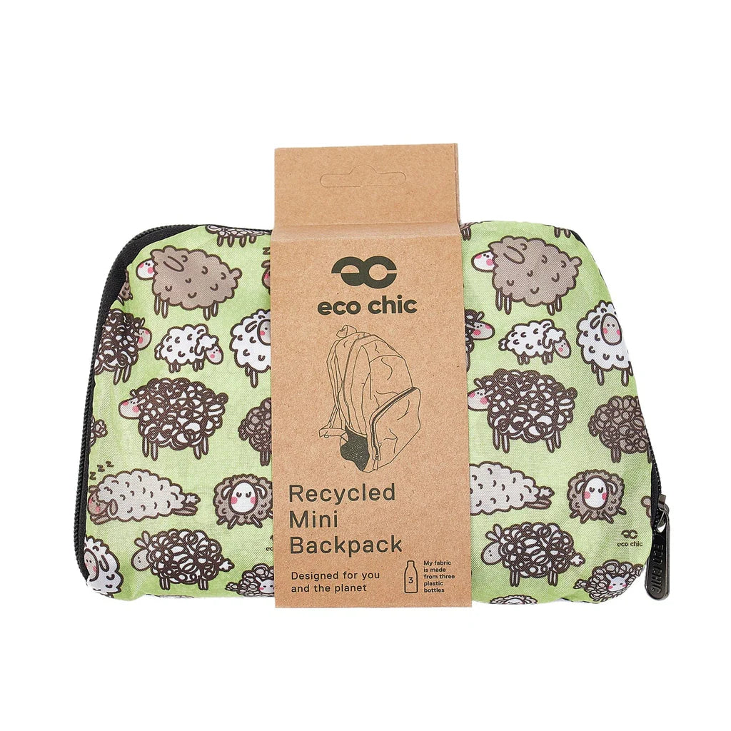 Eco Chic Lightweight Foldable Mini Backpack Green Sheep