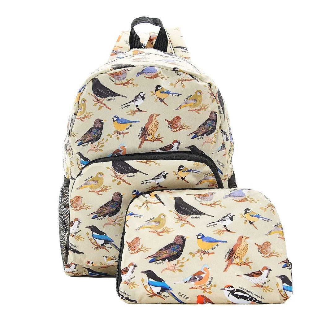 Eco Chic Lightweight Foldable Mini Backpack Wild Birds Green