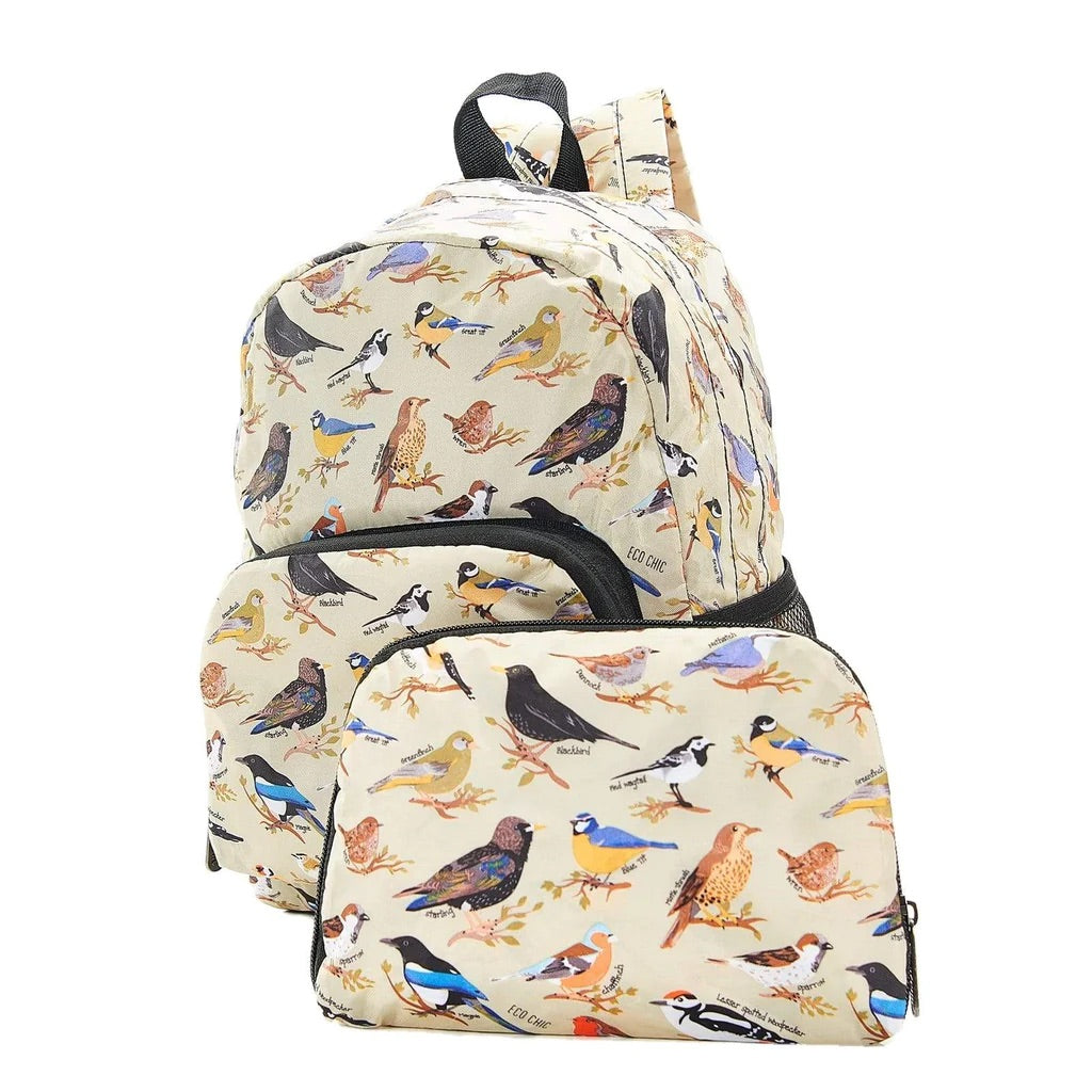 Eco Chic Lightweight Foldable Mini Backpack Wild Birds Green