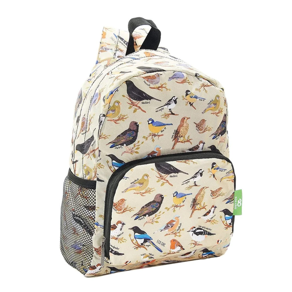Eco Chic Lightweight Foldable Mini Backpack Wild Birds Green