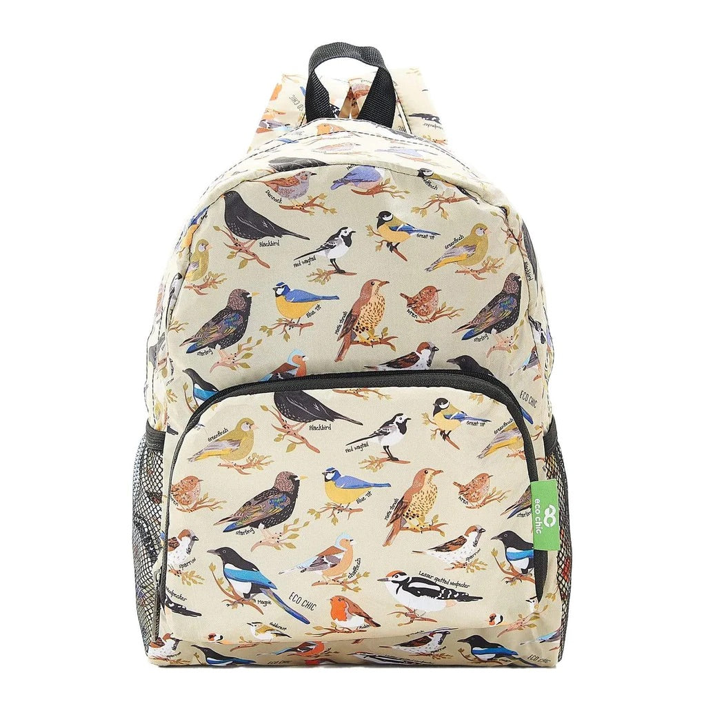 Eco Chic Lightweight Foldable Mini Backpack Wild Birds Green