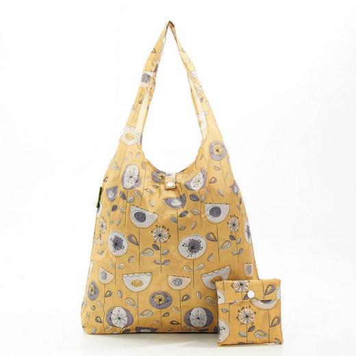Eco Chic Lightweight Foldable Reusable Shopping Bag 1950s Flower Mustard