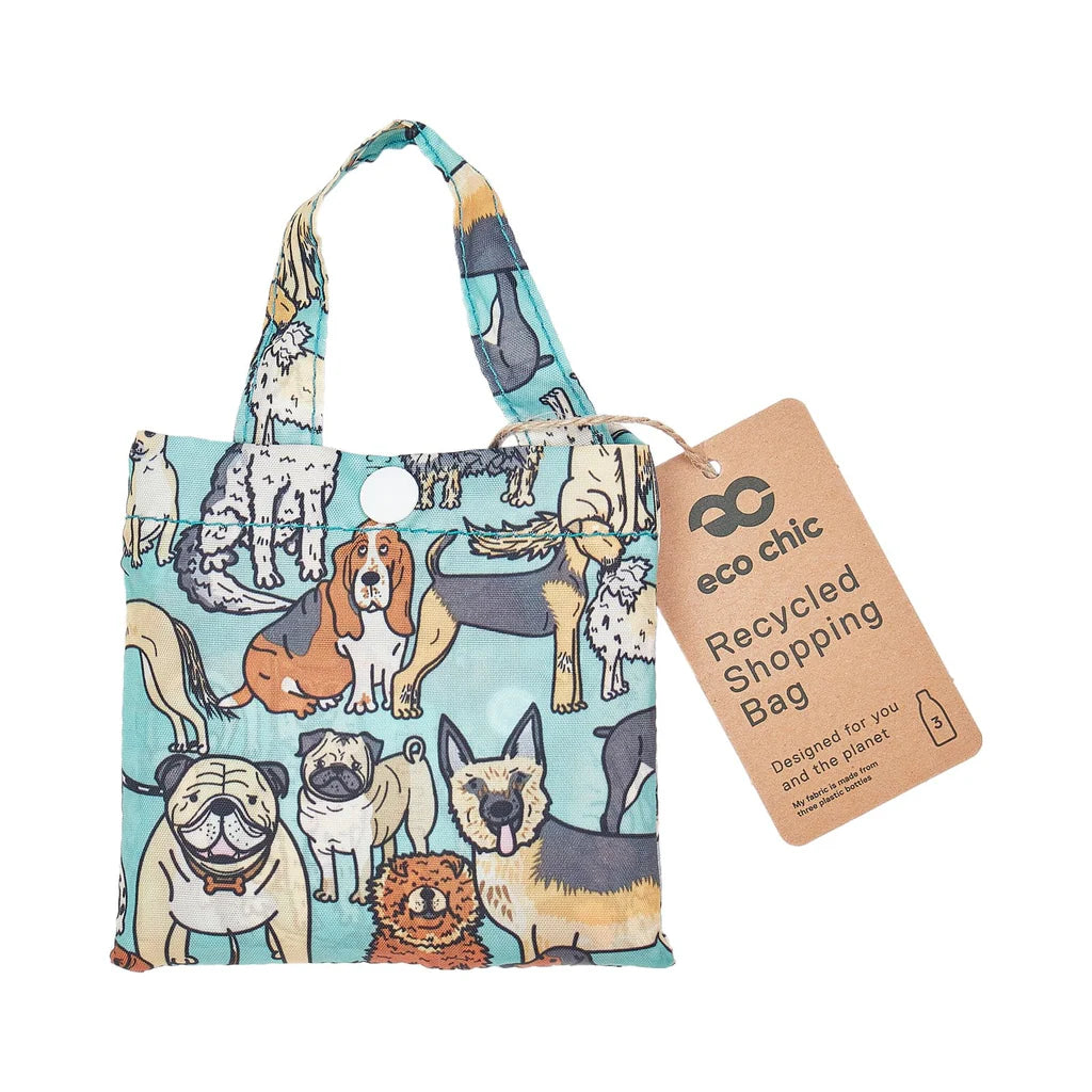 Eco Chic Lightweight Foldable Reusable Shopping Bag Teal Dogs