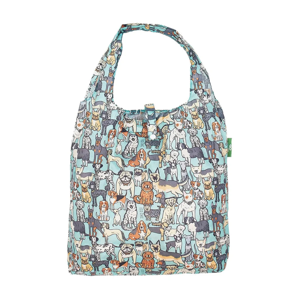Eco Chic Lightweight Foldable Reusable Shopping Bag Teal Dogs