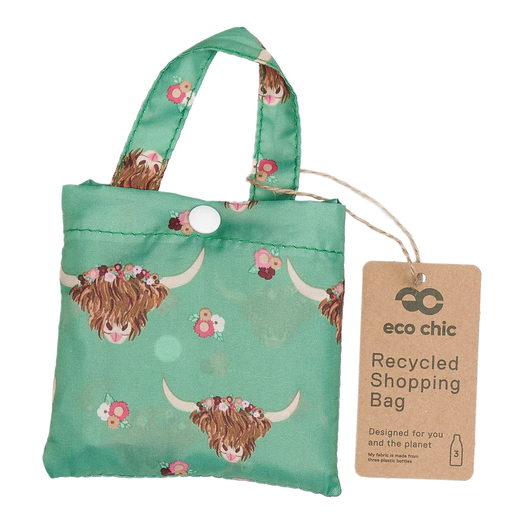Eco Chic Lightweight Foldable Reusable Green Floral Highland Cow Shopping Bag
