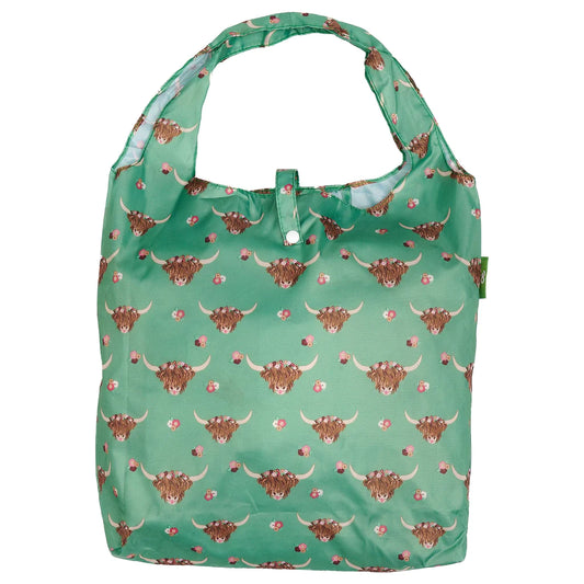 Eco Chic Lightweight Foldable Reusable Green Floral Highland Cow Shopping Bag