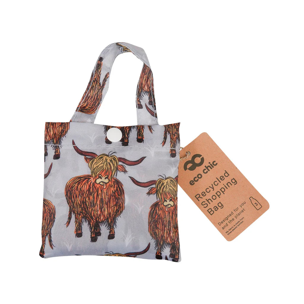 Eco Chic Lightweight Foldable Reusable Grey Highland Cow Shopping Bag