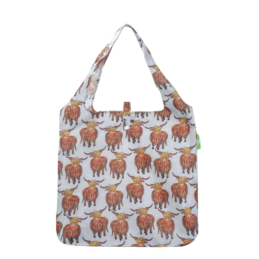Eco Chic Lightweight Foldable Reusable Grey Highland Cow Shopping Bag