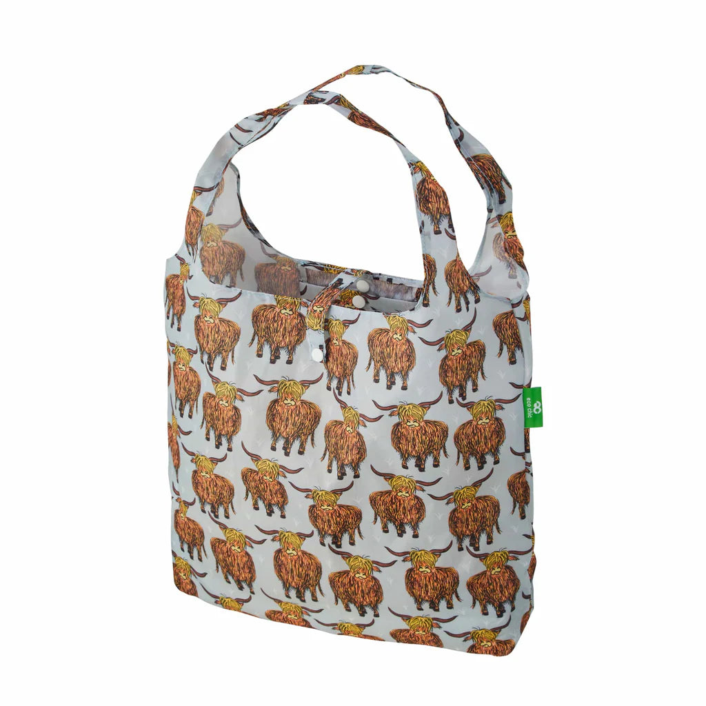 Eco Chic Lightweight Foldable Reusable Grey Highland Cow Shopping Bag