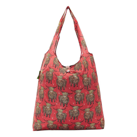 Eco Chic Lightweight Foldable Reusable Shopping Bag Highland Cow Red