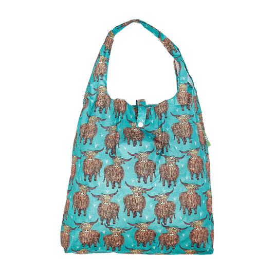 Eco Chic Lightweight Foldable Reusable Teal Highland Cow Shopping Bag