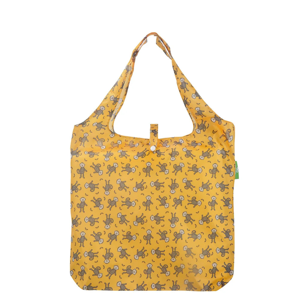 Eco Chic Lightweight Foldable Reusable Mustard Monkeys Shopping Bag