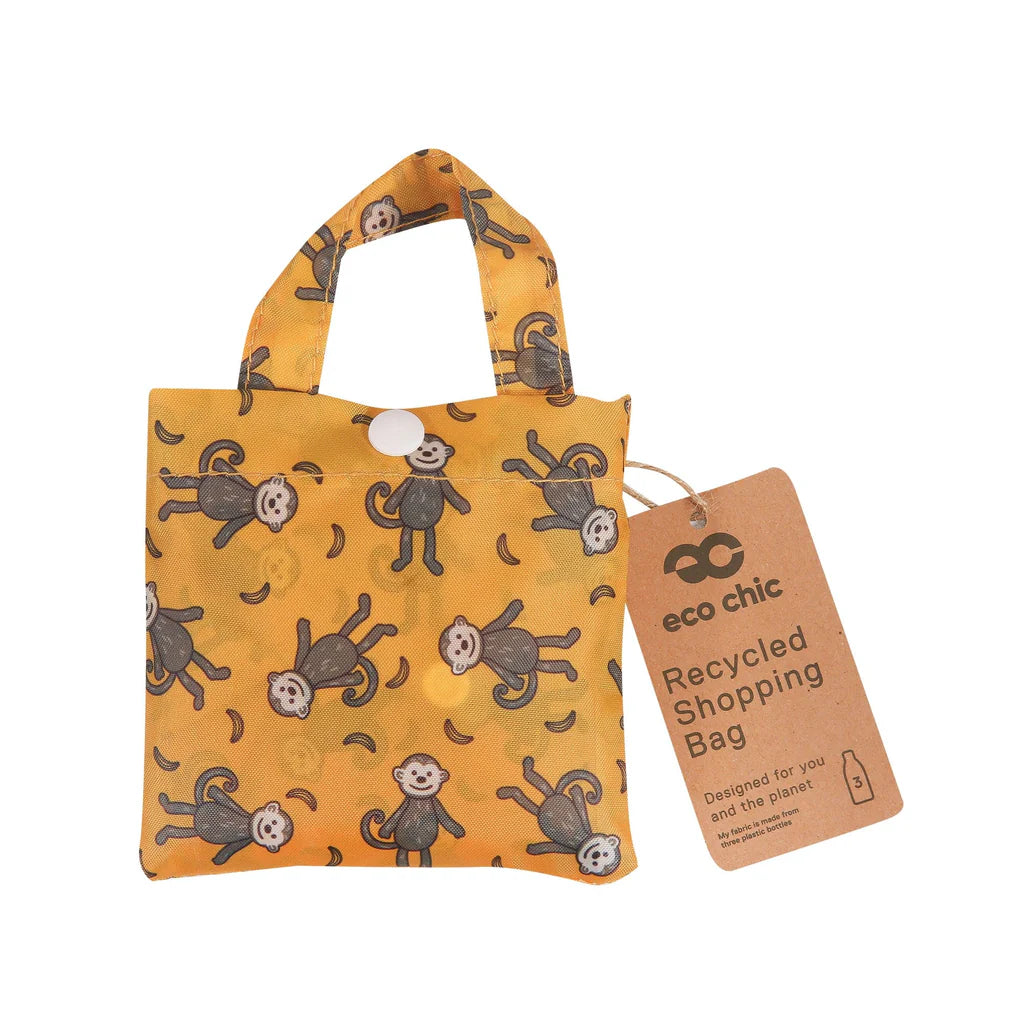 Eco Chic Lightweight Foldable Reusable Mustard Monkeys Shopping Bag