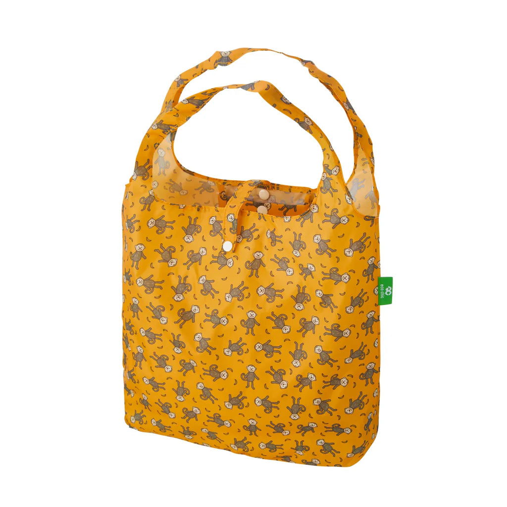 Eco Chic Lightweight Foldable Reusable Mustard Monkeys Shopping Bag