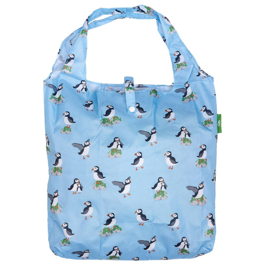 Eco Chic Lightweight Foldable Reusable Blue Puffin Shopping Bag