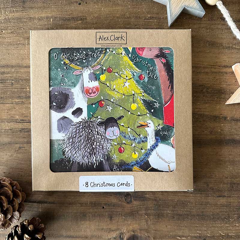 Alex Clark Christmas Tree boxed greeting card set showing illustrated festive tree cards and white envelopes in a box.