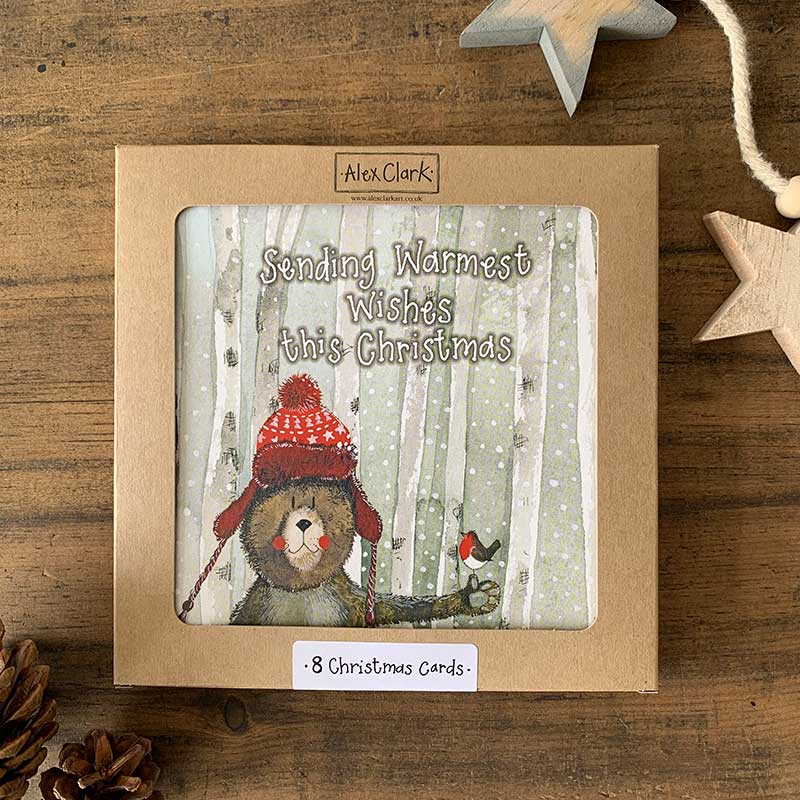 Alex Clark Christmas Bear boxed greeting card set showing illustrated festive bear cards and white envelopes in a box.