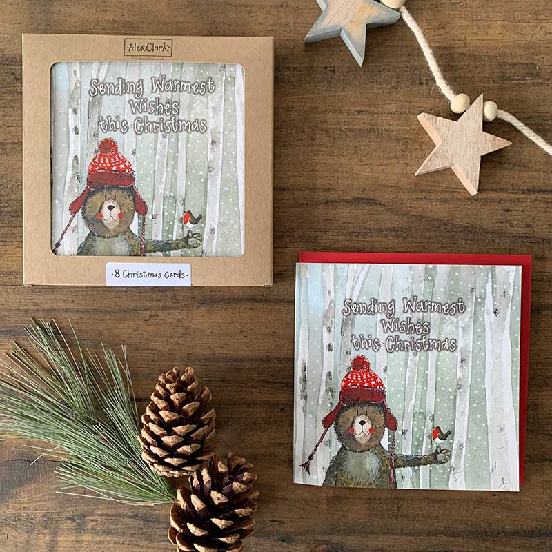 Alex Clark Christmas Bear boxed greeting card set showing illustrated festive bear cards and white envelopes in a box.