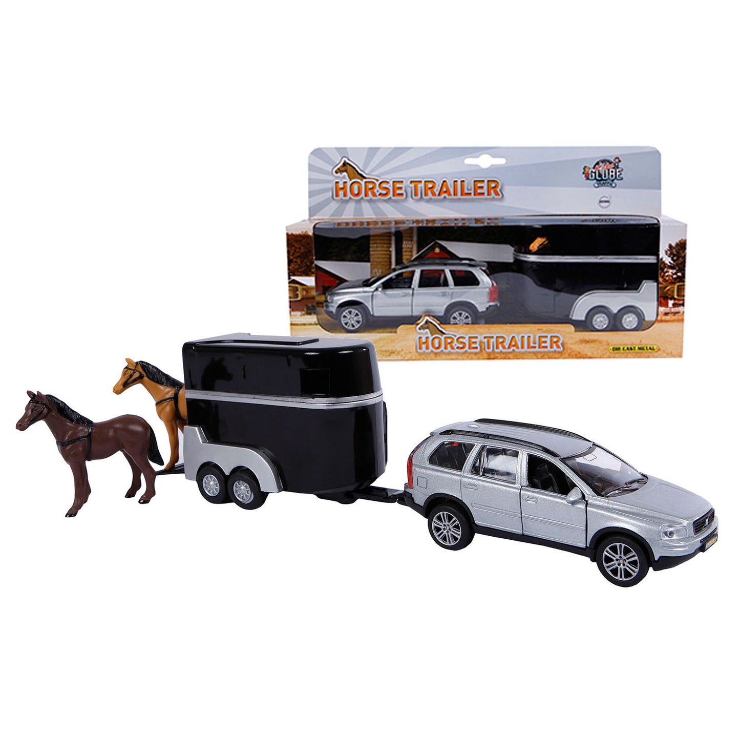 Kids Globe Die Cast Pull Back Volvo XC90 Jeep & Horse Trailer