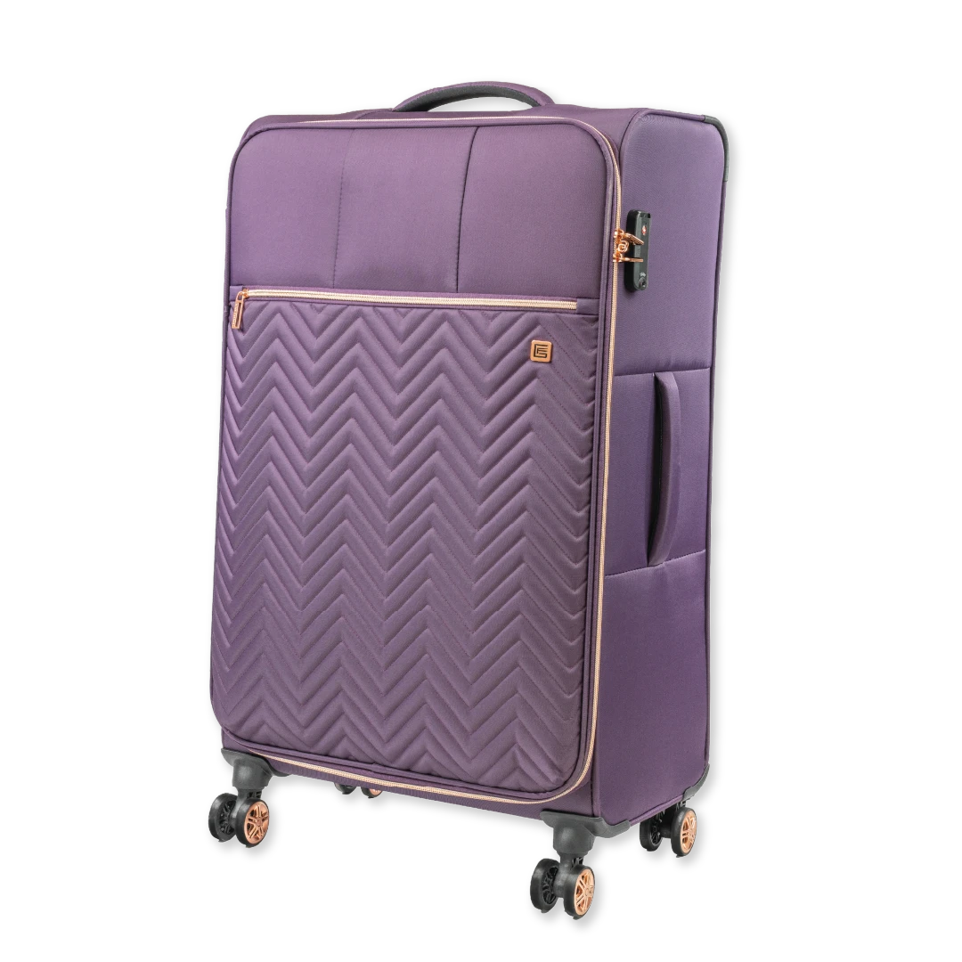 Gino Ferrari Biella soft shell hold luggage suitcase with 8 spinner wheels and TSA lock in purple