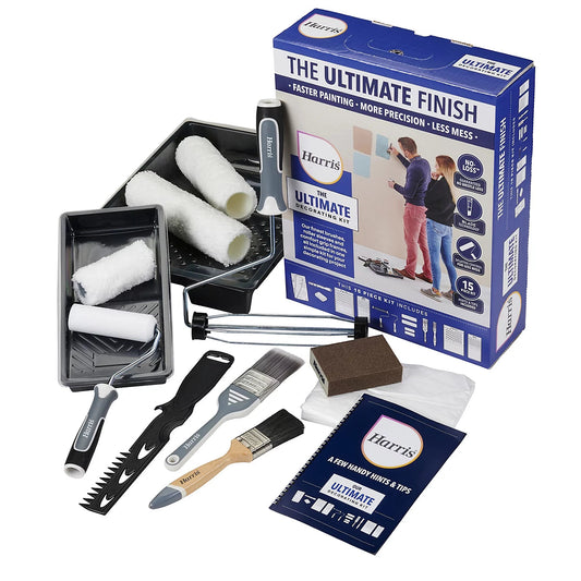 Harris 15 piece ultimate decorating kit with paint rollers, brushes, tray, and decorating tools