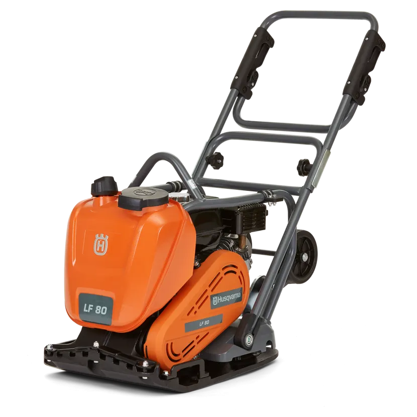 Husqvarna LF 80 LAT petrol forward plate compactor with 420mm plate width for asphalt and soil compaction.