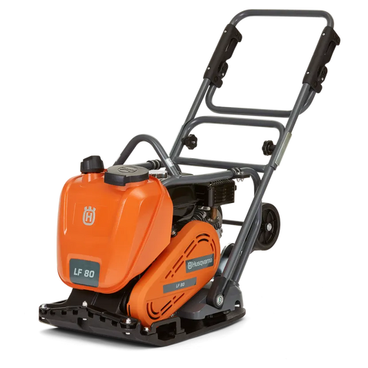 Husqvarna LF 80 LAT petrol forward plate compactor with 420mm plate width for asphalt and soil compaction.