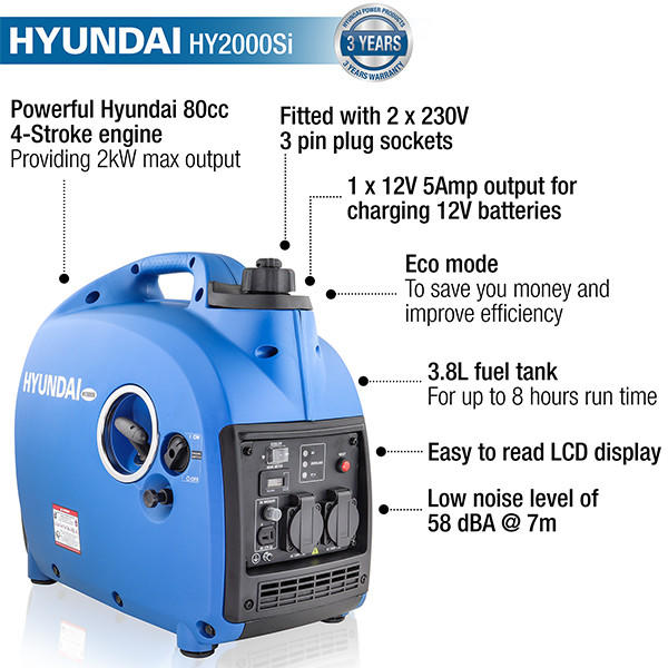 Hyundai HY2000Si 2000W / 2kW Petrol Inverter Generator, Pure Sine Wave Output, Portable Lightweight & Suitcase Style, Low Noise