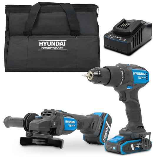 Hyundai S02-FTB 20V Cordless Hammer Drill 60Nm and Angle Grinder 115mm Brushless Kit