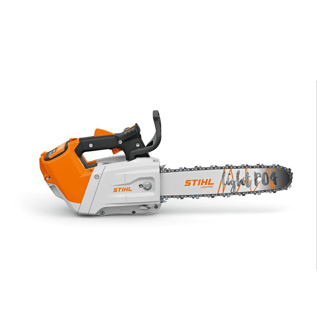 STIHL MSA 220 T professional cordless top-handle arborist chainsaw with Light P04 guide bar.