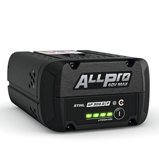 A black STIHL ALL-PRO 20V MAX lithium-ion battery pack on a clean white background, featuring green LED indicator lights and silver branding.