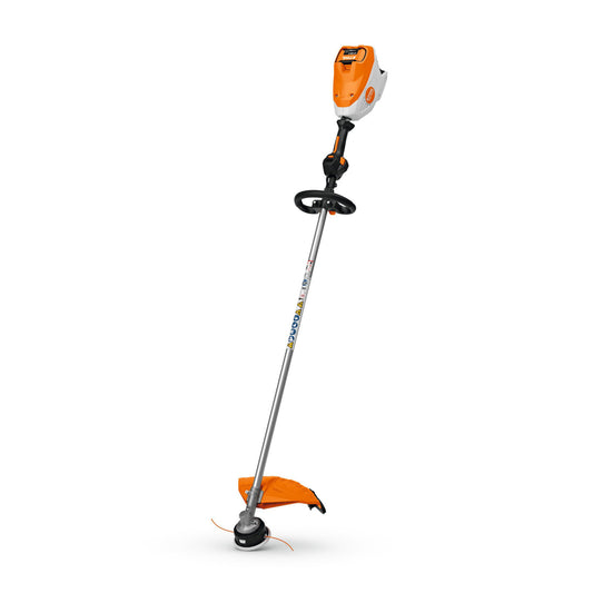 STIHL FSA 140 R cordless professional brushcutter with a loop handle and AutoCut mowing head being used for commercial landscaping.