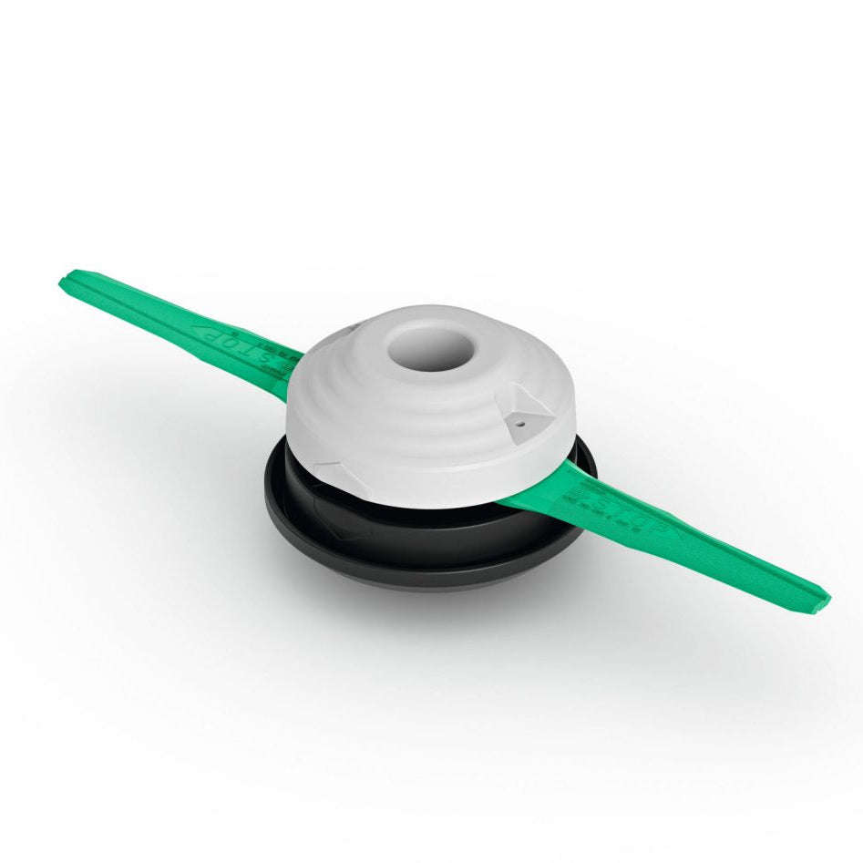 STIHL PolyCut 11-2 mowing head with two movable white plastic polymer blades, showing the tool-free Rapid Click connection mechanism.</li>
