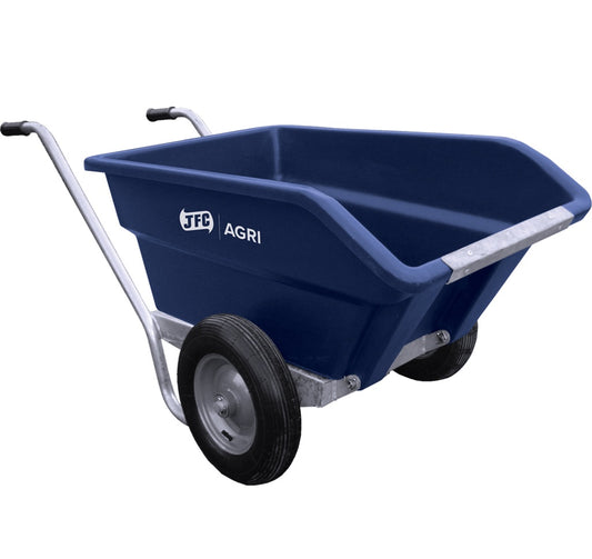 JFC TWB250 250L Blue Tipping Wheelbarrow featuring a twin-wheel galvanised steel frame, heavy-duty blue plastic tray, and front tipping protection plate.