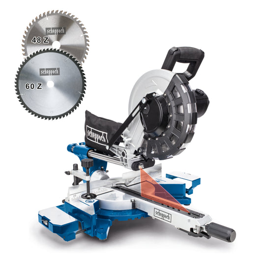 Scheppach HM254 2000W 255mm sliding mitre saw with laser guide and die-cast aluminium frame.