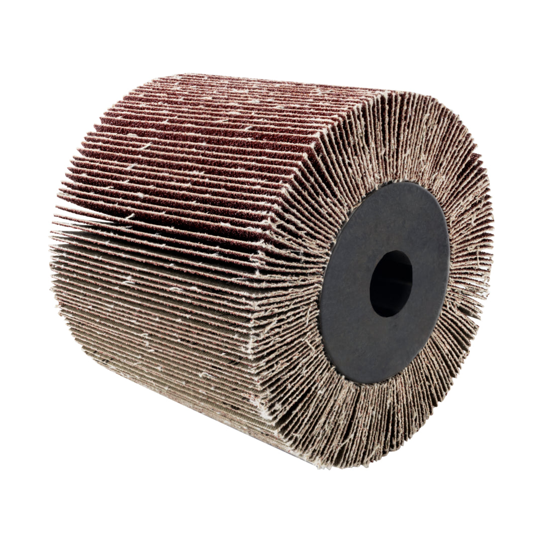 The Scheppach Abrasive Flap Brush 120x100mm for MRS1300 surface restorer, ready for wood and metal finishing.